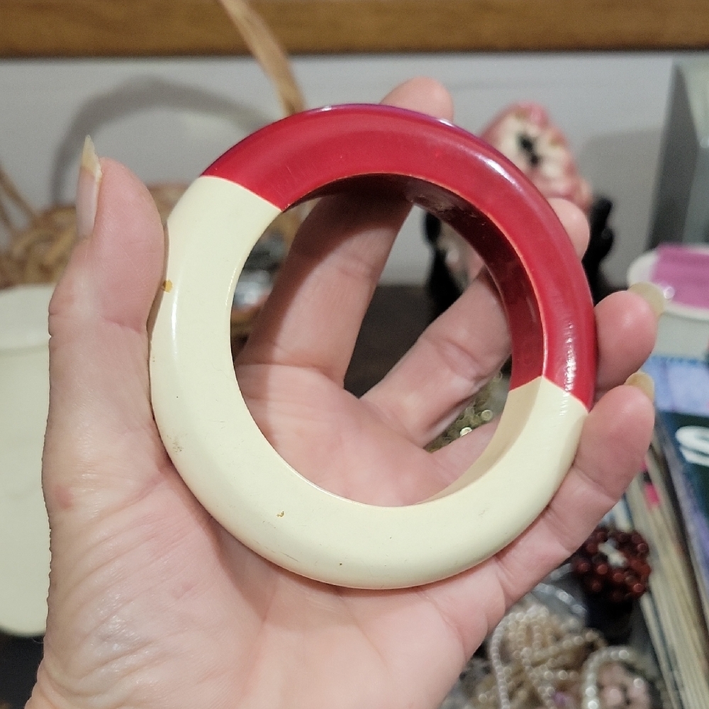 Red and Cream Wooden Bangle Bracelet